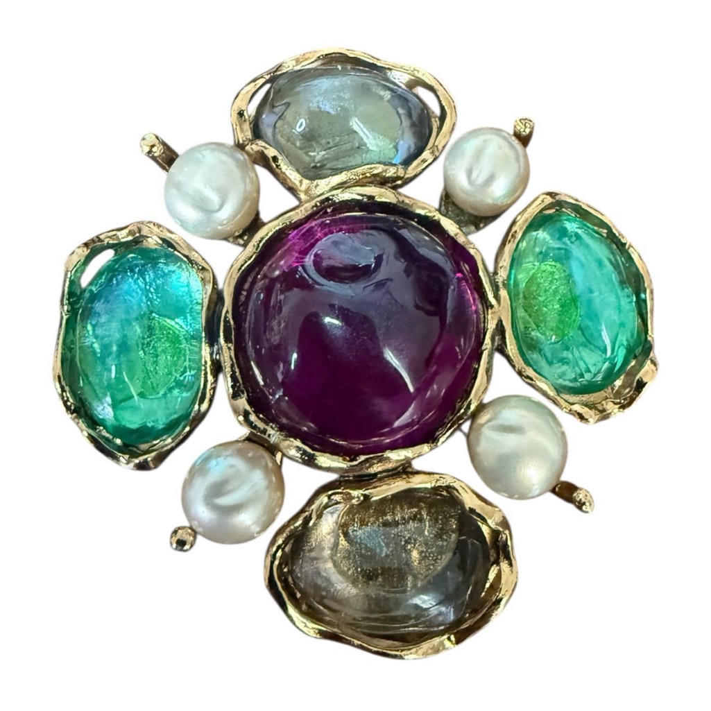 Yves Saint Laurent Vintage Ysl Pearl Glass Stone Brooch